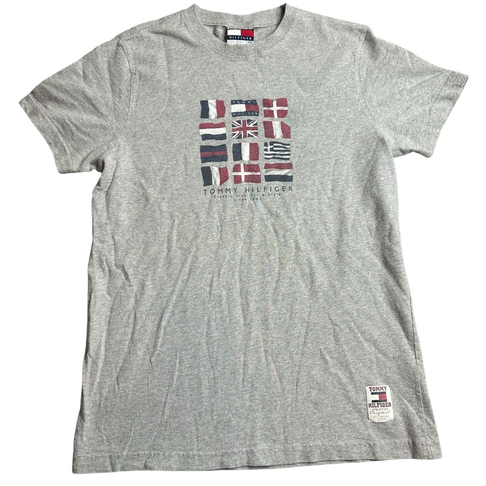 Vintage Tommy Hilfiger Flag‎ Graphic T-Shirt Gray Size M Made in USA (Custom)